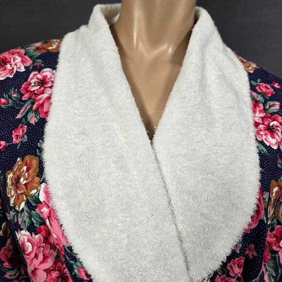Vintage Diamond Tea Floral Cotton Robe Size L Terry Lined Navy Blue Pink - Picture 2 of 11